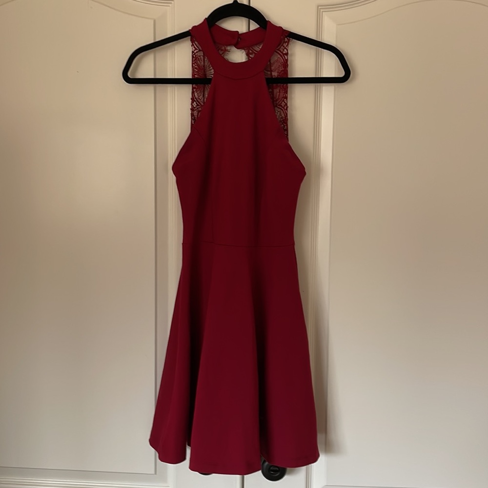 LULU’s halter neck skater dress lace detail on back-deep red(almost mahogany red - Picture 4 of 7
